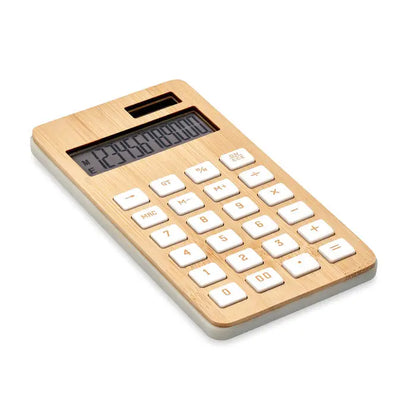 Calculator din bambus cu 12 cifre avand un design elegant cu finisaj natural de lemn si butoane albe