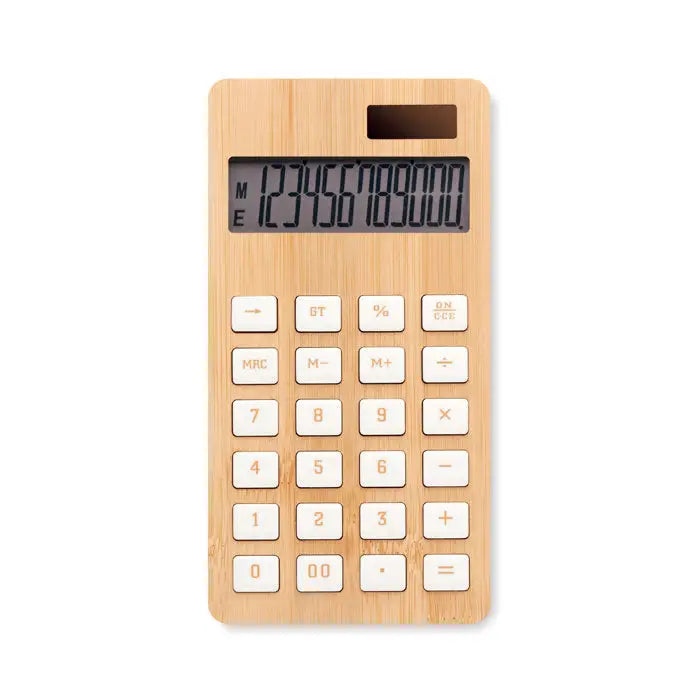 Calculator din bambus cu 12 cifre, elegant, maro deschis, cu butoane crem si display digital