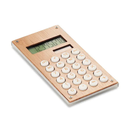 Calculator din bambus cu 8 cifre, butoane albe gravate cu litere aurii si afisaj digital verde