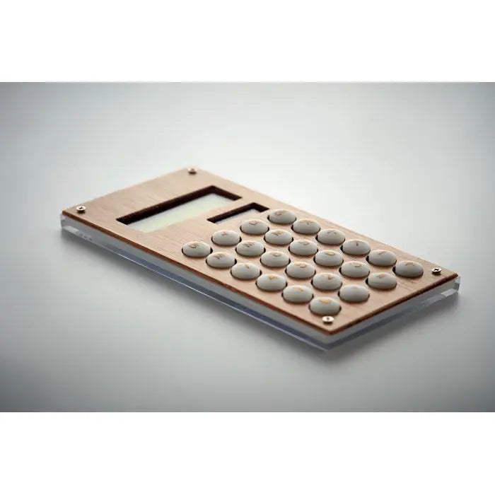 Calculator din bambus cu 8 cifre cu baza acrilică transparentă și butoane rotunde gri deschis din lemn elegant