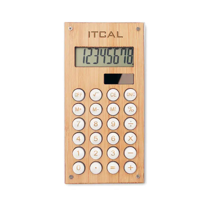 Calculator din bambus cu 8 cifre cu aspect placut de lemn deschis si butoane albe rotunde si afisaj digital