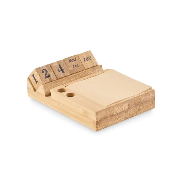 Calendar de birou bamboo natural cu organizator birou din bambus si blocuri din lemn pentru data plus notite adezive bej