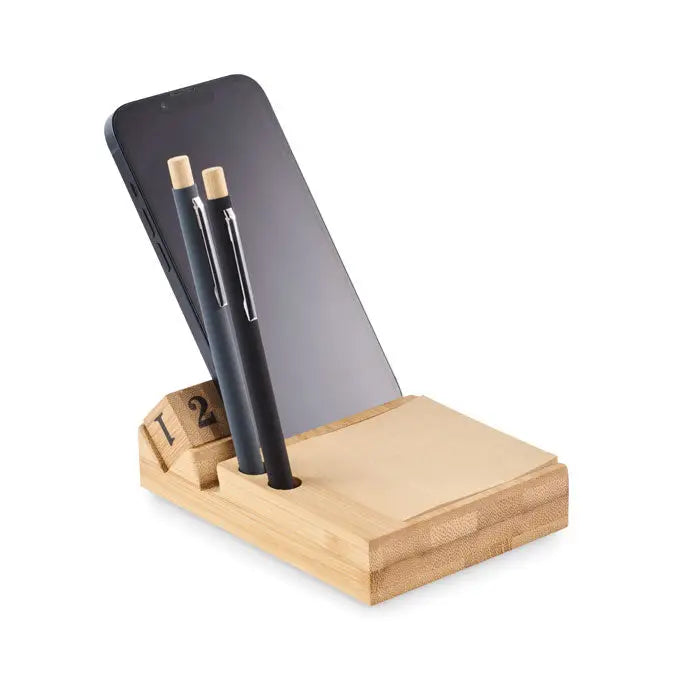 Calendar de birou bamboo organizer birou din bambus deschis la culoare cu suport telefon si suporturi pentru pixuri