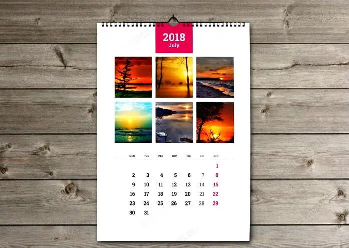 Calendar a3 12 file 2018 iulie cu sase fotografii de apus si spirala alba pentru perete