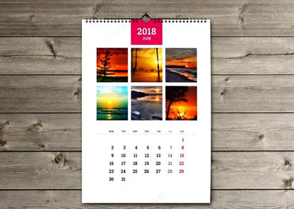 Calendar a3 12 file 2018 iulie cu sase fotografii de apus si spirala alba pentru perete