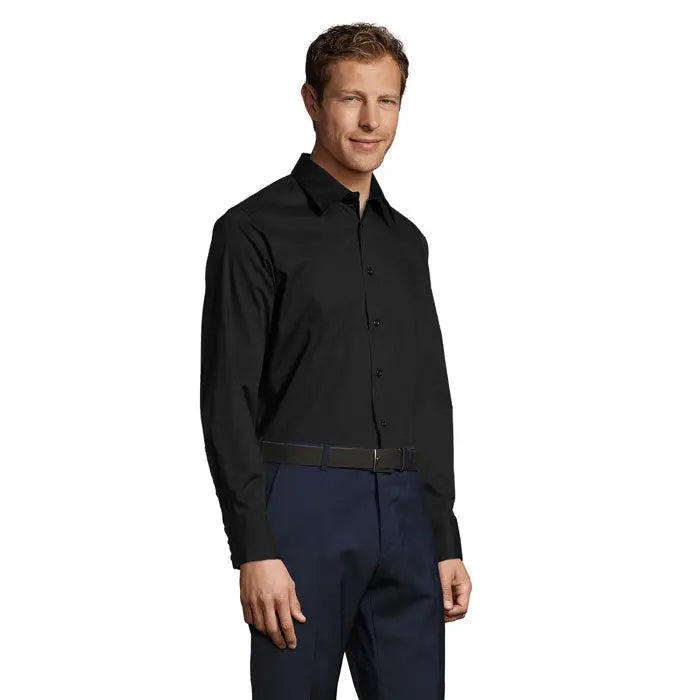 Camasa pentru barbati brighton stretch neagra cu maneci lungi, guler clasic si tesatura presata perfect