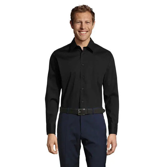 Camasa pentru barbati Brighton Stretch neagra cu maneci lungi, guler clasic si croi cambrat din material elastic