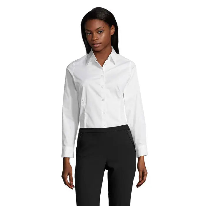 Camasa pentru femei eden stretch alba cu maneci lungi nasturi si croiala conica din material elastic