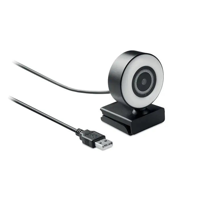 Camera web hd 1080p alb negru circular cu cablu usb si inel luminos pentru transmisii clare
