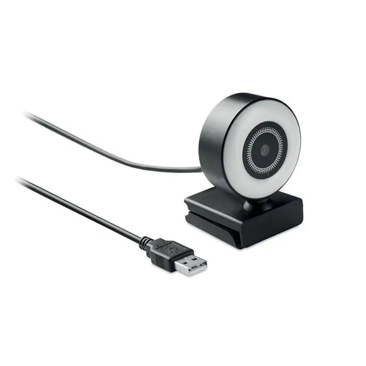 Camera web hd 1080p alb negru circular cu cablu usb si inel luminos pentru transmisii clare