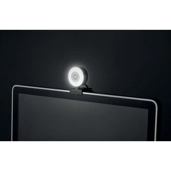 Webcam alb circular hd 1080p cu inel luminos montat pe marginea de sus a monitorului cu design minimalist