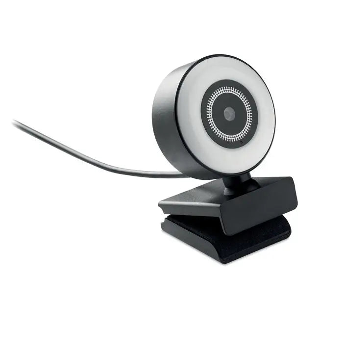 Camera web hd 1080p neagra cu design circular si inel luminos integrat finisaj mat pentru conferinte online