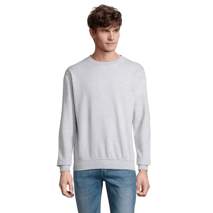 Pulover unisex columbia gri deschis cu guler rotund, material moale texturat si mansete reiate