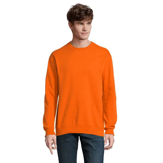 Sweatshirt unisex columbia din bumbac cu guler rotund, mâneci lungi și manșete striate portocaliu aprins