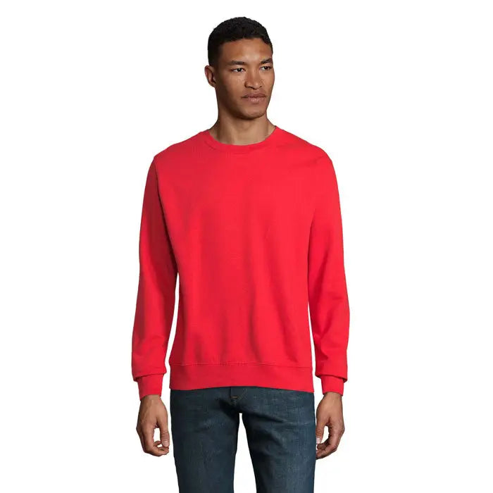 Un sweatshirt roșu vibrant cu mânecă lungă și guler rotund camisa unisex columbia cu manșete și tiv striate