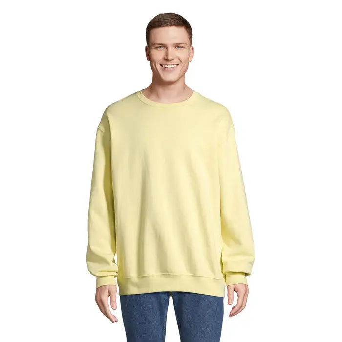 Bluza unisex columbia cu gat rotund, maneci lungi, mansete striate si culoare galben pal moale