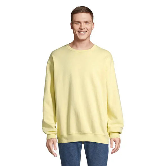 Hanorac unisex columbia galben pal cu guler rotund, mâneci lungi și manșete striate din material moale