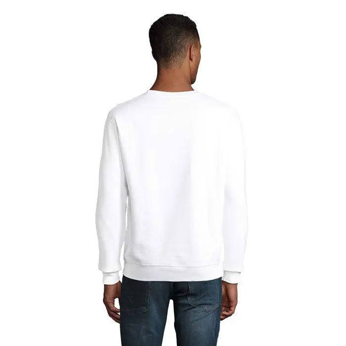 Bluză unisex columbia albă cu guler rotund, mâneci lungi și manșete tricotate