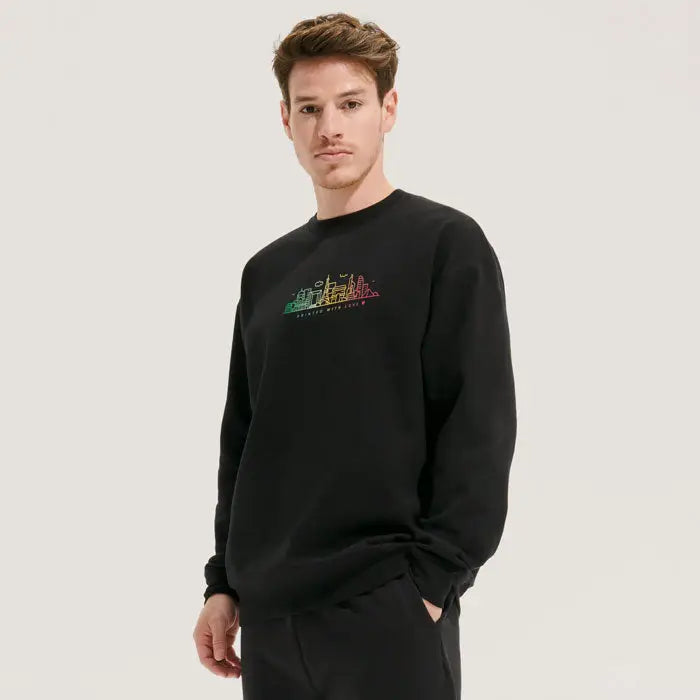 Black crewneck sweatshirt camisa unisex columbia with colorful rainbow gradient skyline graphic on chest