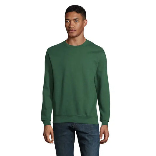 Bluză unisex columbia verde închis cu guler rotund și manșete și tiv striate din material confortabil