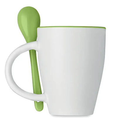 Cană bicoloră cu lingură 250 ml alb ceramic cu margine verde lime și lingură asortată pentru utilizare zilnică
