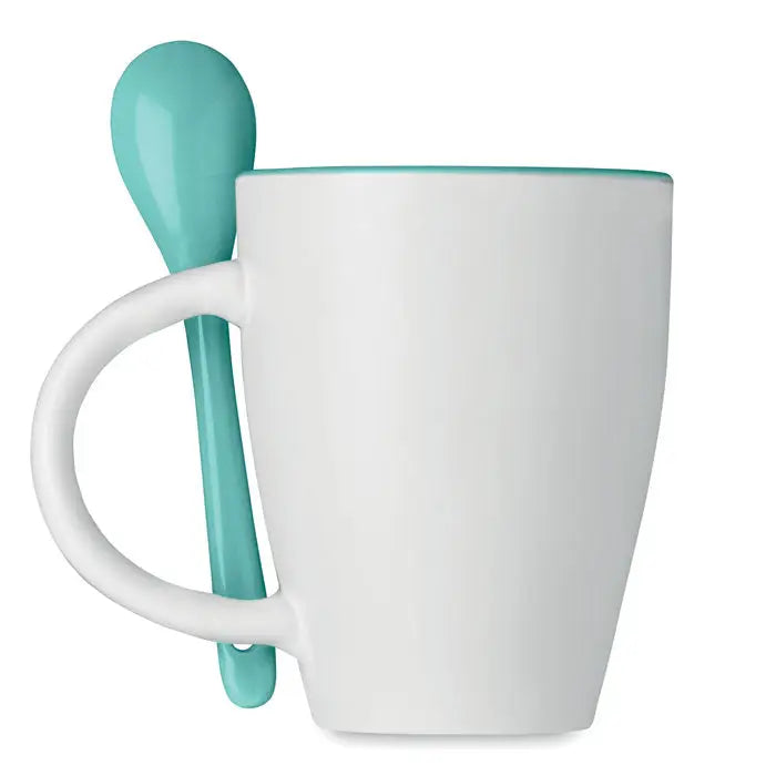 Cana bicolora din ceramica alba cu margine si maner teal, cu lingura teal asortata, capacitate 250 ml