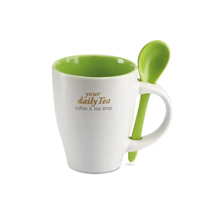 Cana bicolora ceramica alba cu interior verde si lingura, text auriu your daily tea coffee & tea shop, 250 ml