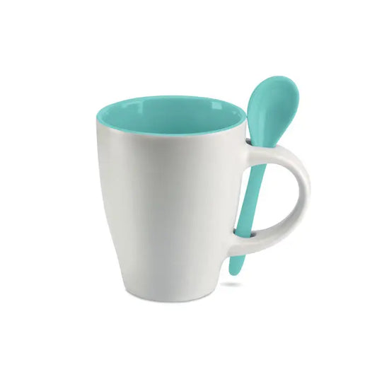 Cana bicolora din ceramica alba cu interior turcoaz si lingura asortata capacitate 250 ml pentru uz zilnic