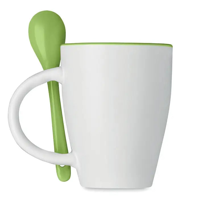 Cană bicoloră din ceramică albă cu margine verde lime și lingură asortată, capacitate 250 ml pentru uz zilnic