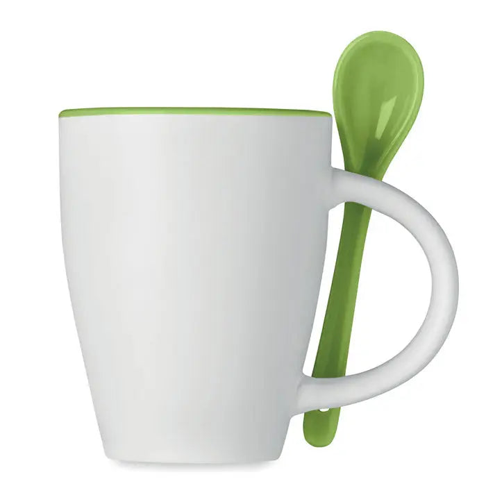 Cana bicolora cu lingura alba din ceramica cu margine verde lime pentru utilizare zilnica