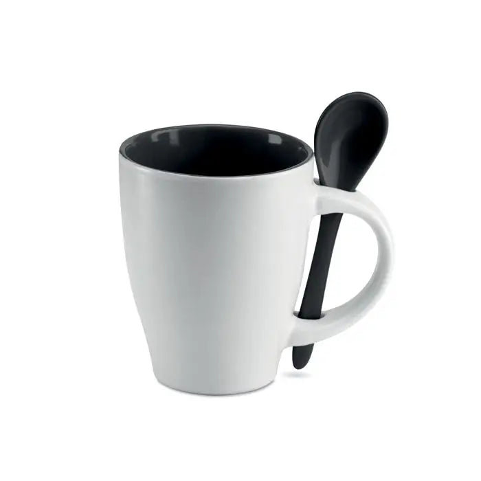 Cana bicolora din ceramica alba cu interior si lingura negre de 250 ml cu lingura in maner