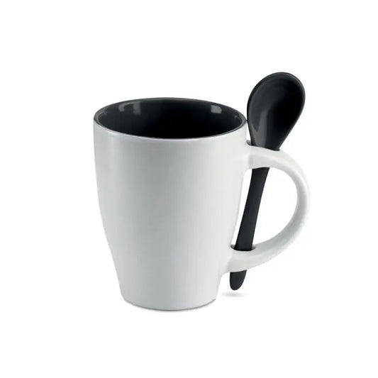 Cana bicolora din ceramica alba cu interior si lingura negre de 250 ml cu lingura in maner