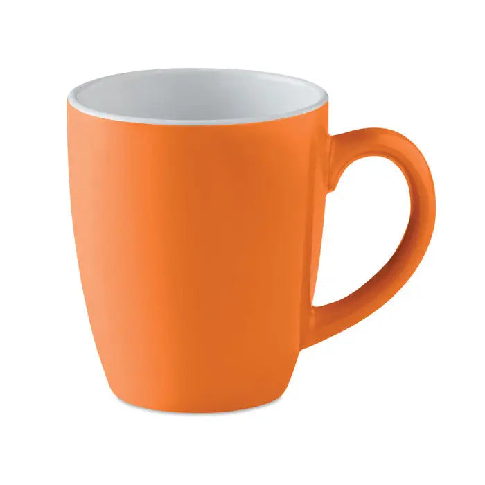 Cana ceramica colorata 290 ml portocalie cu interior alb si toarta rotunjita pentru bauturi calde