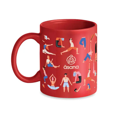 Cană ceramică roșie 300ml cu ilustrații vibrante de yoga și logo asana în centru