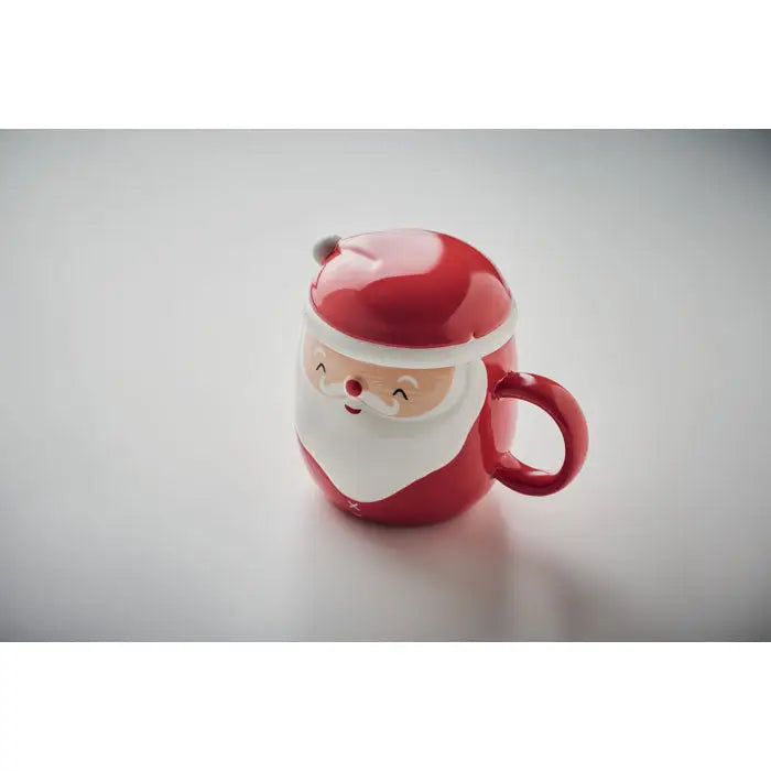 Cana ceramica rosie cu capac 370 ml in forma de mos craciun zambitor cu maner si capac asortat