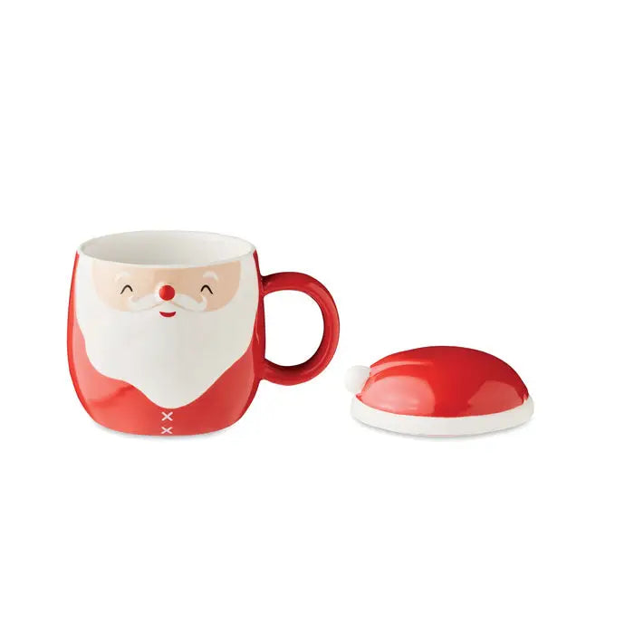 Cană ceramică de 370 ml roșie și albă cu capac roșu în formă de pălărie și față de moș crăciun zâmbitor