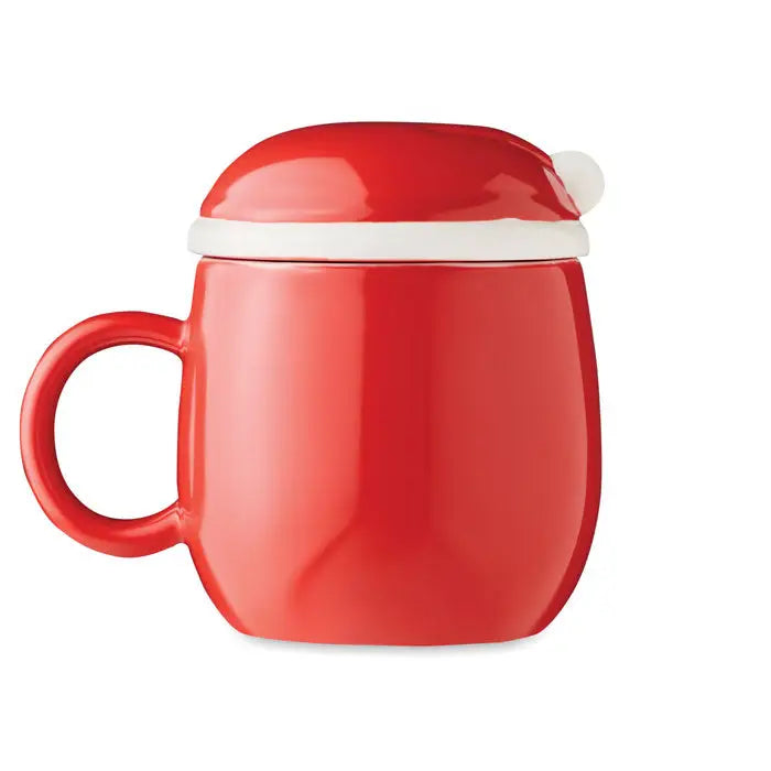 Cană ceramică roșie de 370 ml cu capac asortat în formă de pălărie de moș crăciun cu margine albă și pompon pufos