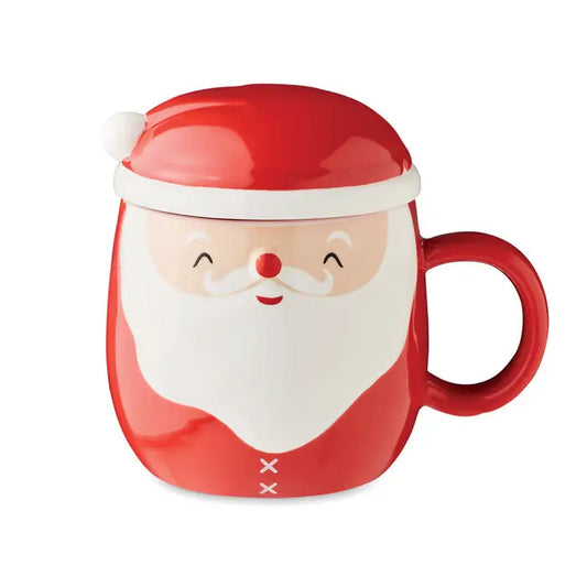 Cana ceramica rosie cu capac 370 ml cu figura mos craciun zambitor si barba alba