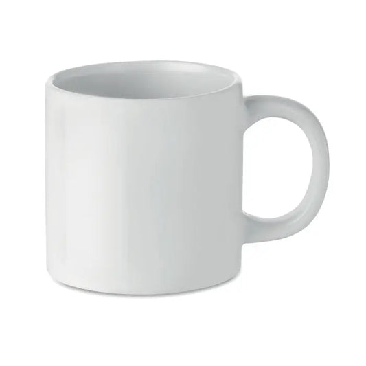 Cană ceramică sublimare 200 ml albă cu finisaj lucios și mâner curbat simplu pentru băuturi calde