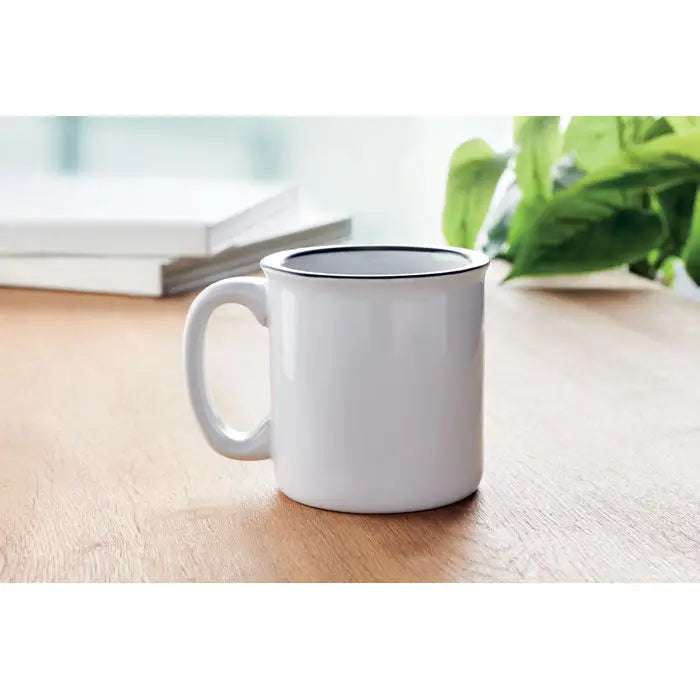 Cană ceramică sublimabilă 240ml albă cu margine și mâner negre din ceramică pentru sublimare