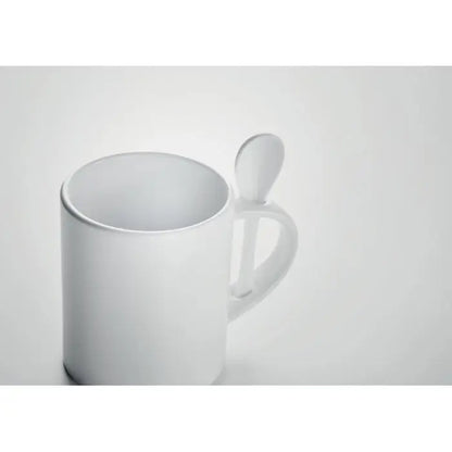 Cană ceramică sublimare 300 ml albă cu linguriță integrată în mâner din ceramică