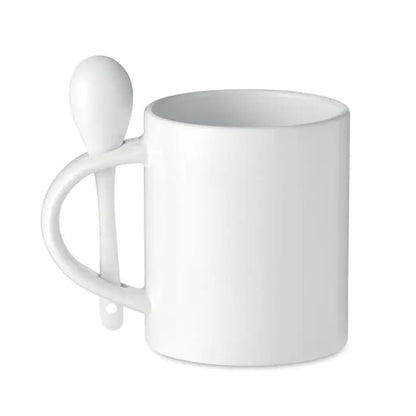 Cană ceramică sublimabilă albă de 300 ml cu lingură integrată pentru sublimare și uz zilnic