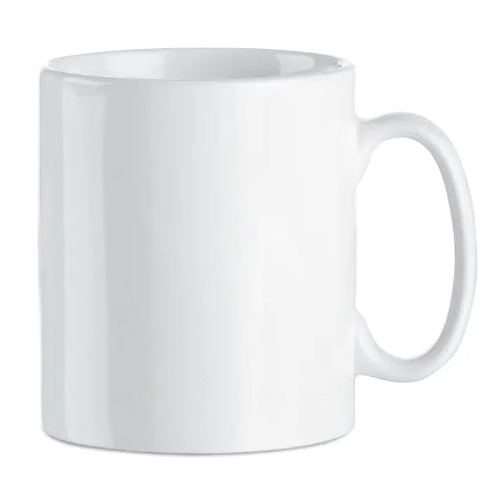 Cană ceramică sublimare de 300 ml albă cu finisaj lucios și mâner în formă de c pentru băuturi calde