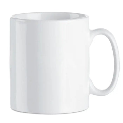 Cană ceramică sublimare de 300 ml albă cu finisaj lucios și mâner în formă de c pentru băuturi calde