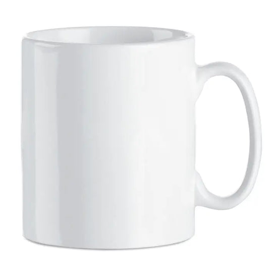 Cană ceramică sublimare de 300 ml albă cu finisaj lucios și mâner în formă de c pentru băuturi calde