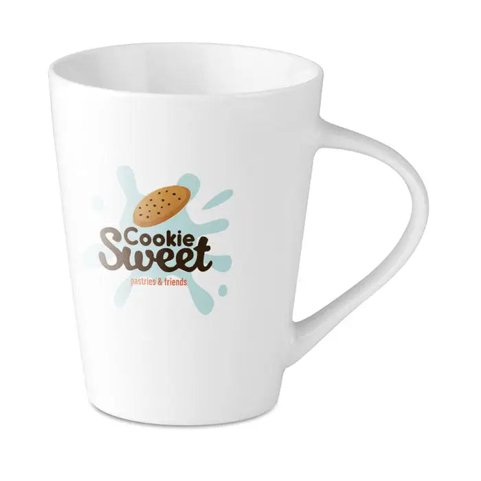 Cana conica din portelan alb cu design cookie sweet si ilustratie maro de biscuit cu accente albastru deschis