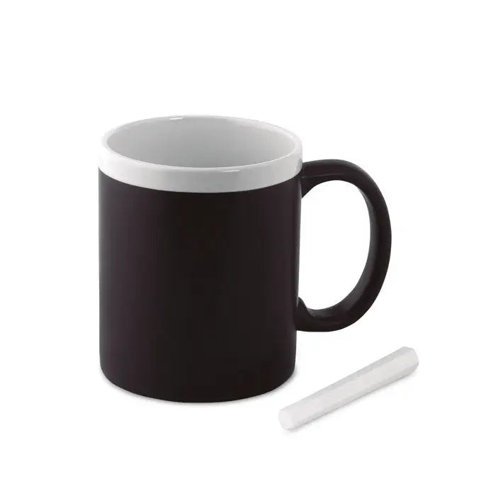 Cană cu cretă 300 ml neagră ceramică cu interior alb și mâner asortat, însoțită de o bucată mică de cretă albă