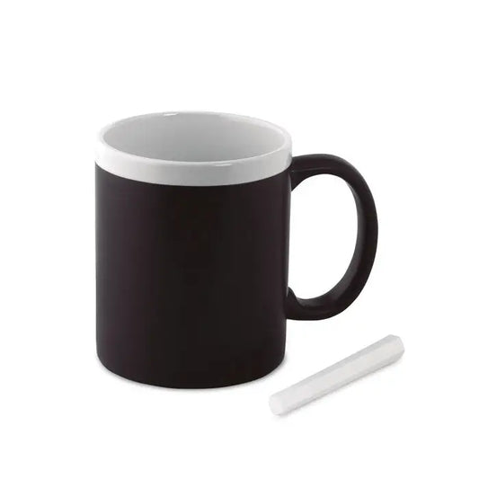 Cană cu cretă 300 ml neagră ceramică cu interior alb și mâner asortat, însoțită de o bucată mică de cretă albă