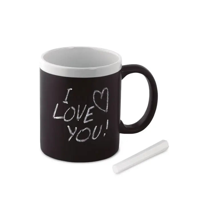 Cană cu cretă neagră 300 ml cu interior și mâner alb și mesaj i love you scris cu cretă albă
