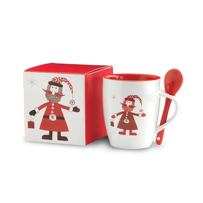 Cana ceramica alba cu interior rosu si desen cu mos craciun cu lingura rosie asortata 250ml